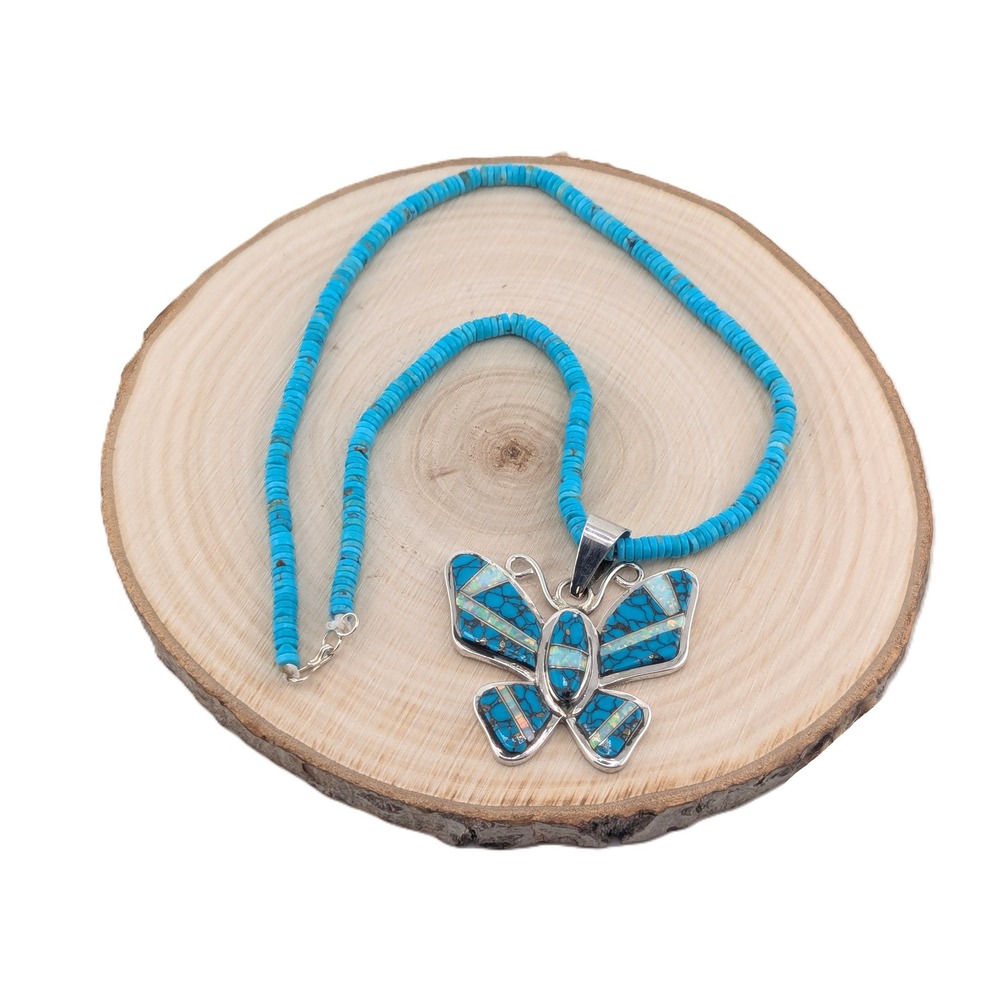 Navajo Necklace Turquoise Butterfly Pendant Handmade Native Amer Jewelry ** - Picture 9 of 13